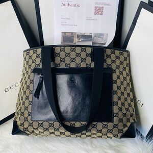 Gucci GG Supreme Canvas Tote with Black Leather Pockets and Trim. Cert of Auth